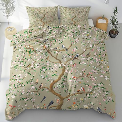 Tyafsgvqo Bunt Birdie Bettwäsche 135x200 3 Teilig, Botanisch Blumen Muster Bettbezug mit 2 Kissenbezug 80x80 cm, Rustic Landhaus Bettwäsche Set, Mikrofaser Wendebettwäsche mit Reißverschluss