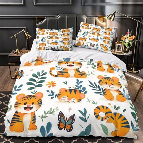 Niedlicher Tiger-Bettbezug für Kinder, 3D-Digitaldruck, Mikrofaser, schmutzabweisend, Cartoon-Tier-Design, Bettbezug, 2 Kissenbezüge, Reißverschluss, Bettwäsche, Erwachsene, Familien (135 x 200 cm)