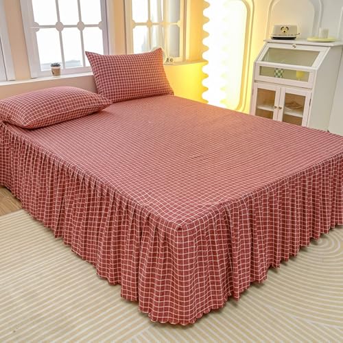 Highdi Betthusse Bettrock Bettvolant, Elastische Bettwäsche mit 2 Kissenbezug Rüschen Bettwäsche, Bed Skirt Bettrock Umwickeln mit Elastischem Gürtel (Rot Kariert,150x200cm)