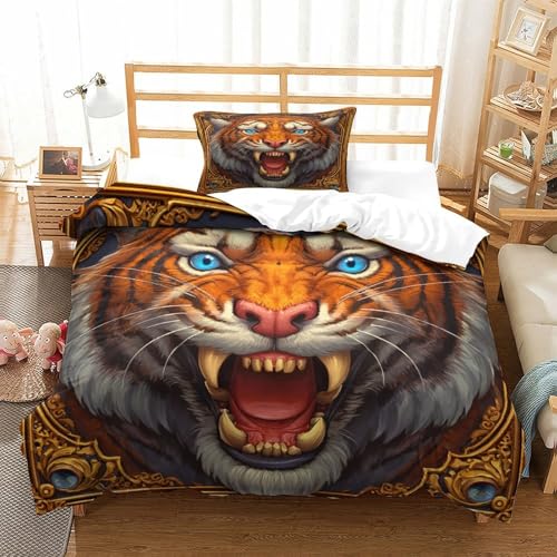 WBCFGHJKN Tiger Bettbezug Bettwäsche Kinderbettwäsche-Set Reißverschluss Mit Kissenbezügen Betten 3-teiliges Set Für Jungen Und Mädchen Single?135x200cm?