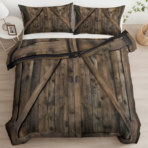 Quixora Bettwäsche Set Scheunentor Landhaus Rustikal Vintage Bettwäsche 200 x 200 cm Weiche Bügelfrei Allergiker Langlebig 3 Teilig Bettbezug Set mit Reißverschluss für Doppelbett Kinder Teenager