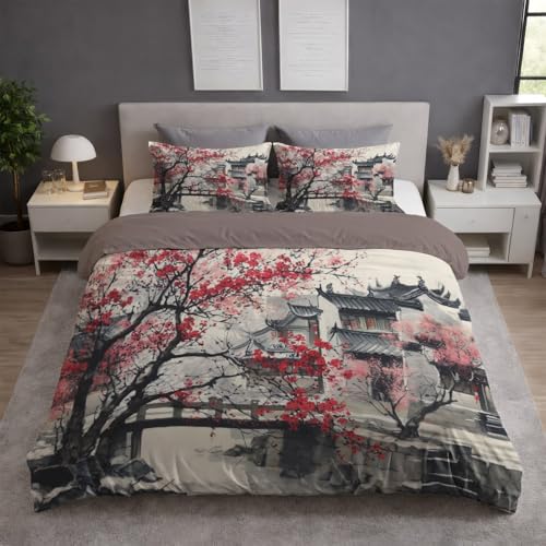 Atmungsaktiv Bettwäsche 200 x 200 - Mehrfarbig Bügelfrei Farbbeständig Bettwäsche Sets - Bettbezug(200 x 200)+ Kissenbezüge - Für Allergiker Geeignet Orientalisch Tuschemalerei Schnee Pflaumenblüte