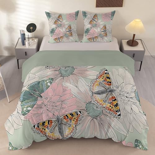 dyausi Schmetterling Bettwäsche 155x220 Salbeigrün Pink, Vintage Elegant Blumen Bettbezug 3 teilig, Wend Bettwäsche Microfaser, Deckenbezug mit Reißverschluss und Kissenbezug F60