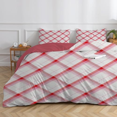 dyausi Bettwäsche 200x200 Kariert Karo Bettwäsche Weich und Kuschel Deckenbezug mit Reißverschluss Schließung 1 Bettbezug 200x200 und 2 Kissenbezug 80x80cm - Rot-Weiss