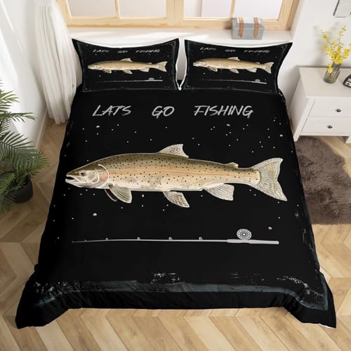 Angeln Bettbezug Set S Größe,Bass Fisch gedruckt Bettwäsche Set,Angeln Liebhaber Jagd Fisch Tröster Abdeckung Teens Männer Erwachsene Kinder,Black Lake House Life Quilt Cover,1 Kissenbezug