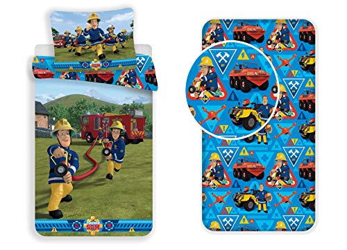 Feuerwehrmann Sam Bettwäsche Set 3-teilig, Bettbezug + Kissenbezug + Spannbettlaken 100% Baumwolle…