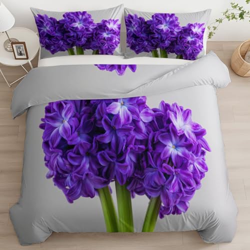 Srigzcaly Bettwäsche 240 x 220 cm Modern Lila Hyazinthe Foto Bettbezug, Grau wendebettwäsche mit Reißverschluss - Weiche Fein Mikrofaser Bettwäsche Set - 3 Teilig Bettbezüge mit 2 Kissenbezüge