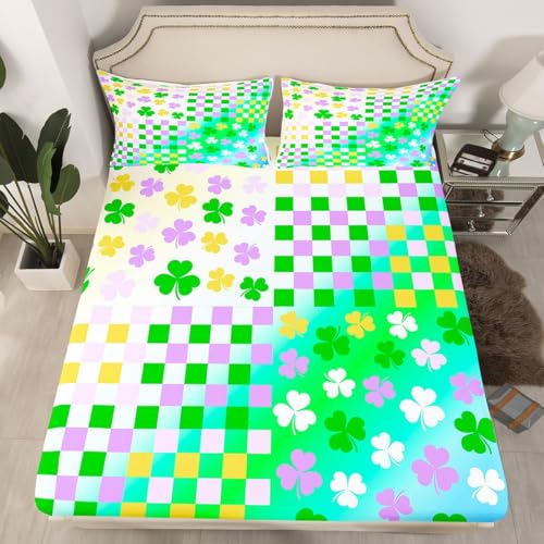 feelingyou Kleeblätter Einbaublech S Größe Violett-Grün Gradient Schachbrett Geometrisch Bettdeckung, 1 Kissenbezug St. Patricks Tag Bettwäsche Set für Jungen