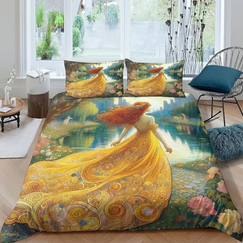 XPZABCDEG Kleid Schönheit Teens 3D Quilt Abdeckung Set Weiche Mikrofaser Gelbes Kleid Prinzessin 3 Stück Bettwäsche Mit Kissen Shams Atmungsaktive Zimmer Dekor Single?140x200cm?
