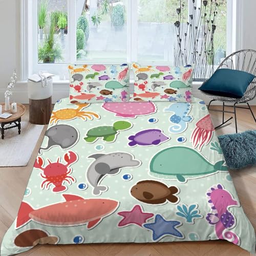 MOXINO 3D Maritime Bettwäsche 155x220 cm 3teilig Cartoon Delfin Bettwäsche für Teenager Leicht Mikrofaser Bettbezug Sommer Weiche Bettbezüge mit 2 Kissenbezüge 50x75?Muster 91-1?