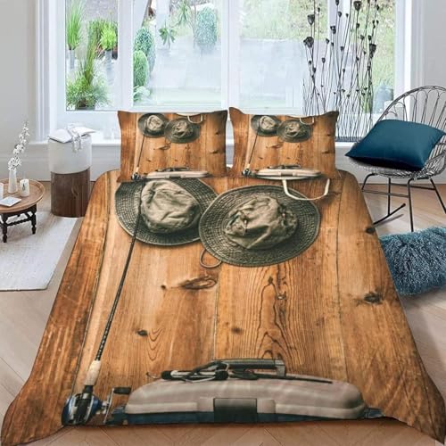 TACOKI Bettwäsche 135x200 Angeln, 3D Muster Holztür Bettwäsche Set Weich Kuschelig Mikrofaser Bettbezug mit Reißverschluss Bettbezüge + 2 Kissenbezug 80x80 cm c7729