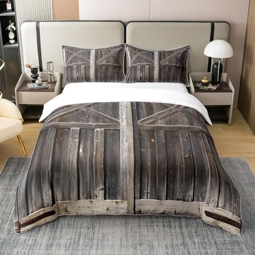 Bettwäsche 200x200 Vintage-Holz Kuschelig Weiche Mikrofaser Bettwäsche-Sets Landhausstil Bettbezug 200x200 3D Effekt Bettbezüge mit Reißverschluss und 2 Kissenbezüge 80x80 cm B-2035