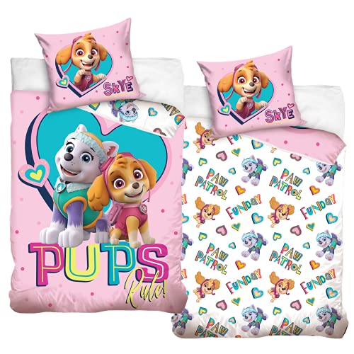Bettwäsche Bettbezug Paw Patrol 135x200 80x80 Baumwolle in rosa · Kinderbettwäsche für Mädchen Skye & Everest · 2 teilig · 1 Kissenbezug 80x80 + 1 Bettbezug 135x200 cm