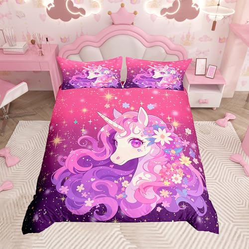 Homemissing niedliches rosa Einhorn Bettwäsche Set 135x200cm Mädchen Träumiges Pferd Betten für Kinder Einhorn Floral Glitter Bettbezug Zimmer Dekor Bettwäsche-Set weich