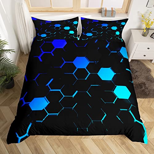 Manfei Kinder 3D Waben Bettbezug Set S Größe,Neon Hellblau Schwarz Hexagon Bettwäsche Set Jungen Videospiele Tröster Abdeckung Teens Moderne Mode Geometrie Quilt Cover,1 Kissenbezug