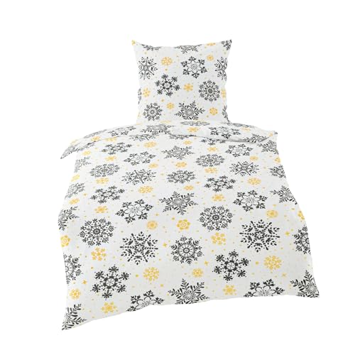 Bierbaum Biber Kuschel Bettwäsche 2 TLG. 135x200cm Schneeflocken Creme Schwarz Gold Warm Modern