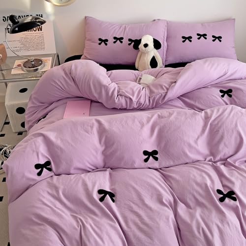 GETIYA Romantisch Mädchen Damen Bettwäsche 135x200 4Teilig Violett Lila Bettwäsche Einfarbig Mikrofaser Bettbezug mit Schwarz Schleifen Muster Lila Bettwaesche mit 2 Kissenbezug 80x80