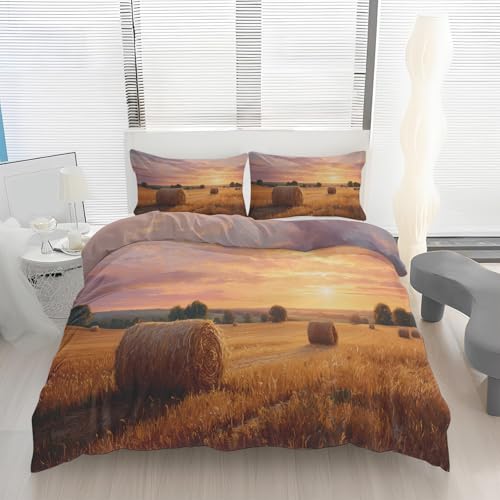 Generisch Heuballen Bettwäsche 135x200, Golden Weizenfeld Wendebettwäsche, Sonnenuntergang Motiv Bettbezug mit Reißverschluss, Weiche Mikrofaser Bettwäsche Sets 2 Teilig mit 1 Kissenbezug 80x80 Y58y