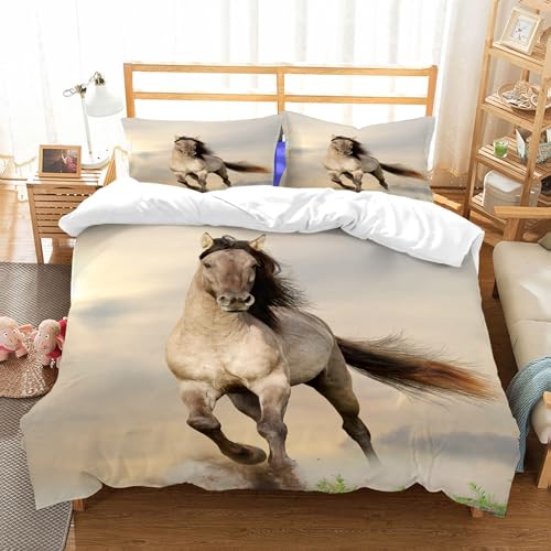 MYAUEYSU Bettwäsche Set 100% Baumwolle ist,Pferde, Wilder junger Hengst, der in der Sonne läuft,und allem auch für Personen mit Hautsensibilisierung empfohlen 152x203cm
