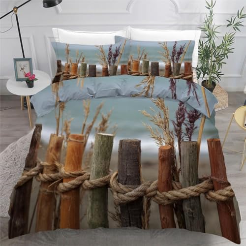 Bettwäsche 200x200 Landhausstil Weiche Mikrofaser Bettwäsche Set 3D-Druck Bettbezug Zaun 3 Teiliger Bettbezüge mit Reißverschluss und 2 Kissenbezüge 80x80 cm h.790