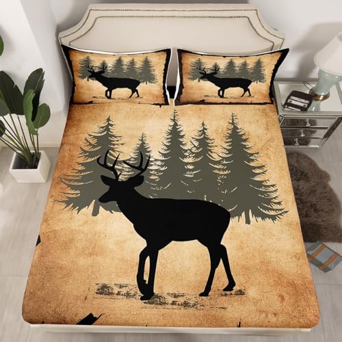 Manfei Rustikale Hirsch Spannbettlaken S Größe, Tier Thema Bettwäsche Set, Cartoon Wildlife Bettlaken, Kinder Jungen Teens Zimmer Dekor, leichte Tiefe Tasche Blatt, 1 Kissenbezug