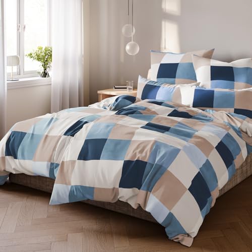 Pure Label Karierte Bettwäsche 135x200 cm mit einem Kissenbezug 40x80 cm - Traumhaft weiches Bettwäsche-Sets 135 x 200 cm in blau aus 100% Baumwolle mit YKK Reißverschluss