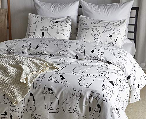 Luofanfei Bettwäsche Katze 135x200 KinderbettwäscheTiere Weiß Schwarz Muster Baumwolle 2 Teilig Bettbezug für Mädchen Jungen Kinder Baby,NC,135