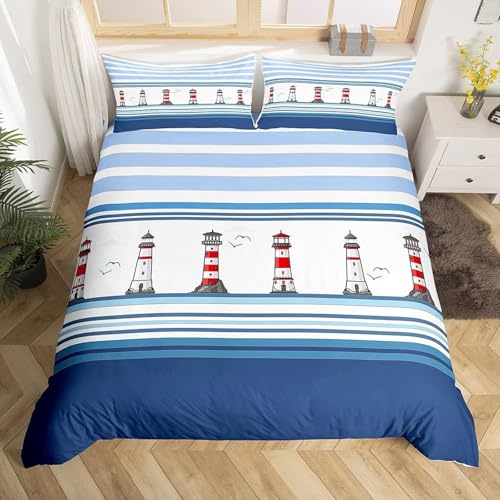 BJCJGGL Bettwäsche 220x240 Blauer Leuchtturm Bettwäsche-Set mit Reißverschluss Schließung und 2 Kopfkissenbezug 80x80 cm - Weicher Atmungsaktive Mikrofaser Bettbezug für Erwachsene Kinder