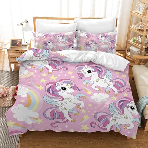 PQCXXA Kinder Einhorn Bettwäsche Mädchen-Bettwäsche Set Rosa 3D Cartoon Einhorn Bunt Blume drucken Bettbezug Set mit Reißverschluss und Kissenbezug 50x75cm (Lila, 135x200cm)