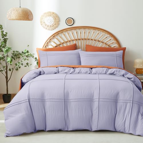 Covebett Boho Bettwäsche 200x220 Kariert Lila Flieder Uni Getuftet Shabby Chic Aesthetic Wendebettwäsche Set Bohemian Style Gewaschene Mikrofaser Bettbezug und 2 Kissenbezug 80x80cm Reißverschluss