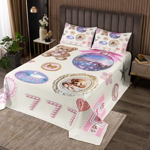 Nette Hund Bär Tagesdecke S Größe,rosa Bowknot Bettwäsche Sets Kinder Mädchen Frau Teens Zimmer Dekor,Kawaii Blume und Schwan Tröster Set Süße Prinzessin Stil Quilt Coverlet,1 Kissenbezug