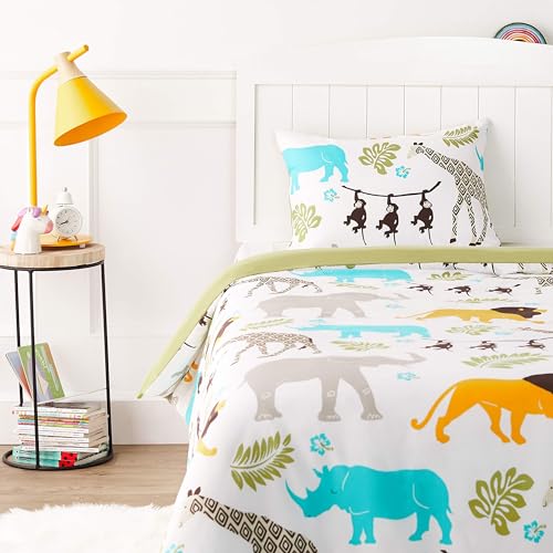 Amazon Basics Kinderbettwäsche 100x135 2teilig Mikrofaser Wendbar, Bettdeckenbezug 100x135 cm & Kissenbezug 40x60 cm, für Baby, Tierdruck