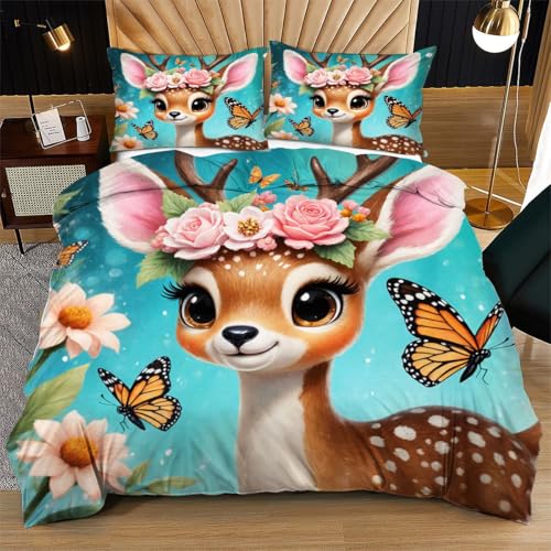 Nuphtun Bettwäsche-Set 200x200 cm Bunte Hirsche, 3D Printed Design mit 2 Kissenbezügen | Elegant, Hochwertig, Einfache Pflege für den täglichen Komfort, Für zeitgemäße Betten L257-
