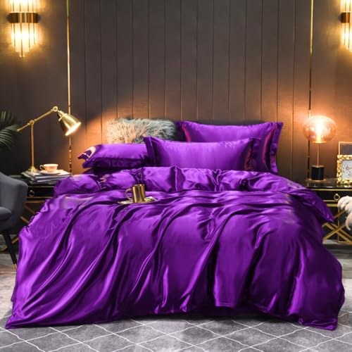 Nayoroom Seiden Bettwäsche 220x240 Violett Seidentuch Bettwäsche-Sets Lila Luxus Mako Satin Bettbezug 3teilig Aesthetic Seidenbettwäsche mit Reißverschluss und 2 Seidenkissenbezüge 80x80 cm