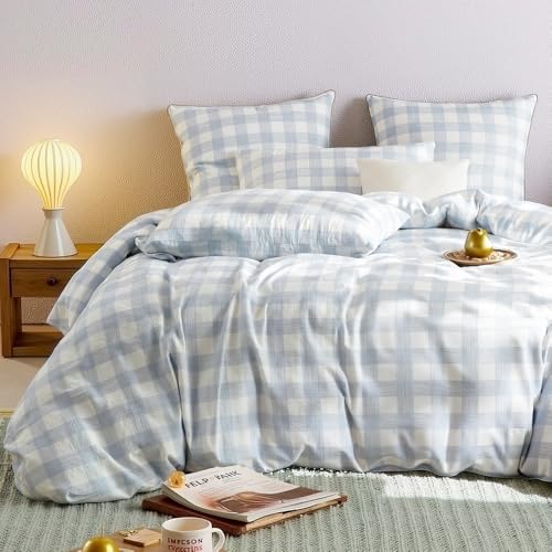 Lanqinglv Doppelte Musselin Bettwäsche 155x220 cm Baumwolle,Leinenoptik ÖKO-TEX Bettwäsche mit Blau Weiß Kariert Muster mit Reißverschluss und 1 Kissenbezug 80x80cm