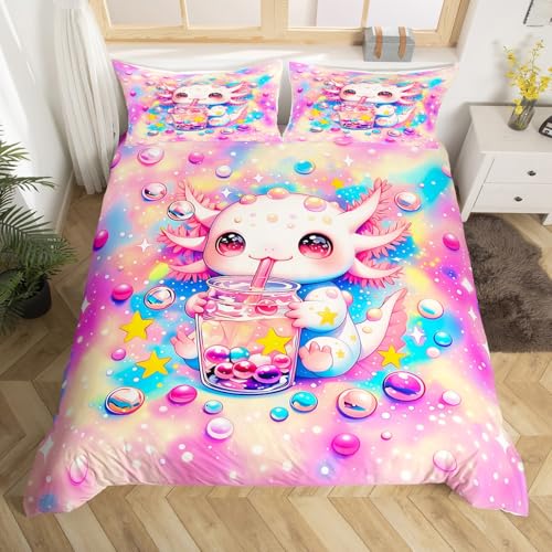 Homewish Süße Axolotl Bettwäsche Mädchen 135x200 Regenbogen Ombre Kawaii Ozeantier Axolotl Bettbezug für Frauen Teenager Sternenhimmel Raumdekor Bettset Salamander Enthusiasten Bettwäscheset 2 Teilig
