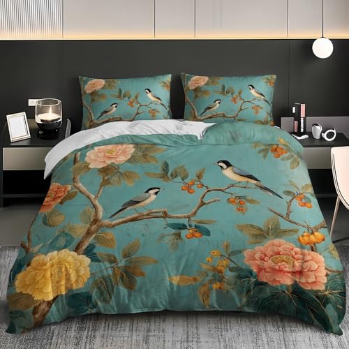 Bettbezug 135x200 cm Weich Bügelfrei Erwachsene Bettwäsche 3-teiliges - Retro-Blumen Und VöGel Textur Bettwäsche-Sets mit 2 Kissenbezug 80x80, TüRkis Bettbezug für Einzelbett mit Reißverschluss