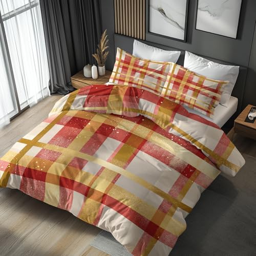 Generisch Bettwäsche 200x200 Weihnachten Karomuster - Schlafzimmer Deko Bettbezug 200 x 200 3tlg Rot Gold Bauernhaus Kariert Muster, 2 Kissenbezug 80x80, mit Reißverschluss, Weich Mikrofaser TU-30