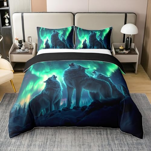 Howling Wolf 100% Baumwolle Tröster Bezug 135x200,Türkis Ombre Aurora Bettwäsche Set,Wölfe Wildlife Safari Tier Bettbezug,Natürliche Landschaft Bettbezug Weich Atmungsaktiv,Reversible