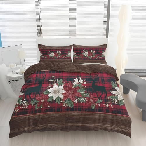 Hirsch Silhouette Bettwäsche 155x220, Rot Schwarz Kariert Wendebettwäsche, Weiß Rot Blume Motiv Bettbezug mit Reißverschluss, Weiche Mikrofaser Bettwäsche Sets 3 Teilig mit 2 Kissenbezug 80x80 N116w