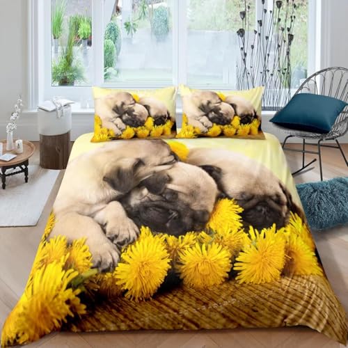 NUEYSP Bettwäsche 200x200 Mops Bettwäsche-Sets 3D-Motiv, Mikrofaser, 1 Bettbezug 200x200 + 2 Kissen 80x80 mit Verdecktem ReißVerschluss für Mädchen Jungen.