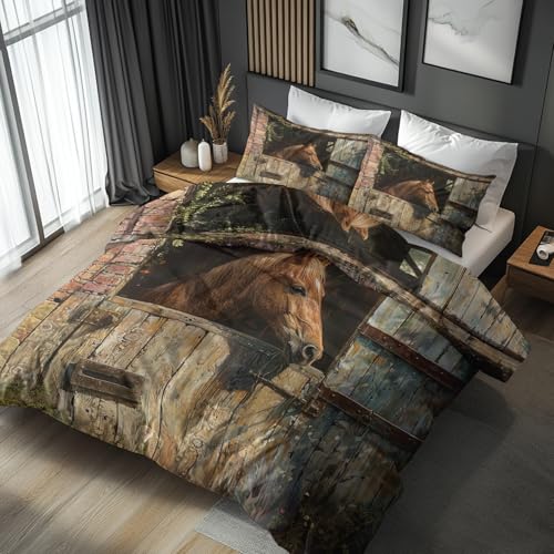 Generisch Bettwäsche 140x200 Pferd Vintage, Weiche Bügelfreie Mikrofaser Bettbezug Set 2tlg, Landhaus Nutztiere Muster Schlafzimmer Deko, 1 Kissenbezug 70x90, mit Reißverschluss OOG75