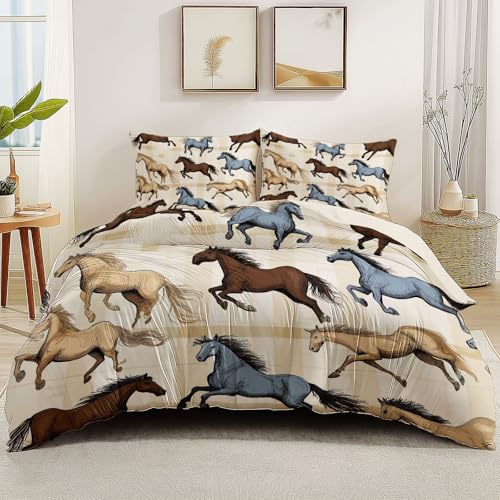 Bettwäsche Creme Bettwäsche 135 x 200cm 3 Teilig Weich Mikrofaser Bettbezug Tiere Laufende Pferde Wendebettwäsche Set mit Reißverschluss und 2 Kissenbezug