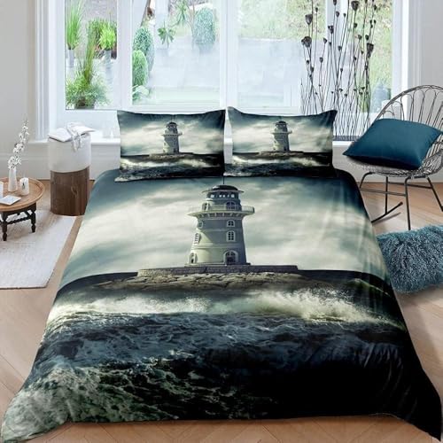 NUEYSP Bettwäsche 135x200 Leuchtturm Bettwäsche-Sets 3D-Motiv, Mikrofaser, 1 Bettbezug 135x200 + 1 Kissen 80x80 mit Verdecktem ReißVerschluss für Mädchen Jungen.