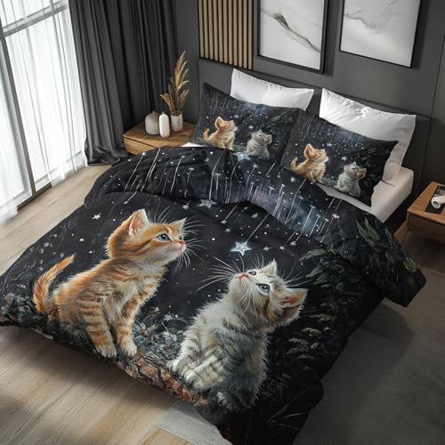 Generisch Kinder Katze Bettwäsche 140x200 2tlg, 1 Kissenbezüge 70x90 - Süß Kätzchen Design Wendebettwäsche, Weiche Mikrofaser Bettbezug mit Reißverschluss, Deko & Geschenke - Wa171