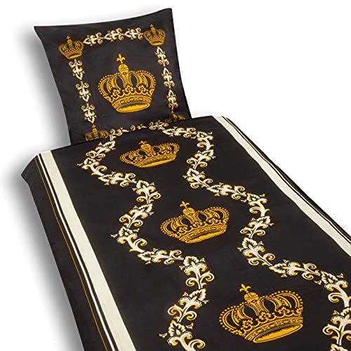 Julido Bettwäsche-Set, Bettdeckenbezug 135x200cm und Kopfkissenbezug 80x80cm, Deckenbezug und Kissenbezug aus Polyester, in Schwarz und Gold, mit Krone, Oeko-Tex Julido Bettwäsche-Set, Bettdeckenbezug 135x200cm und Kopfkissenbezug 80x80cm, Deckenbezug und Kissenbezug aus Polyester, in Schwarz und Gold, mit Krone, Oeko-Tex
