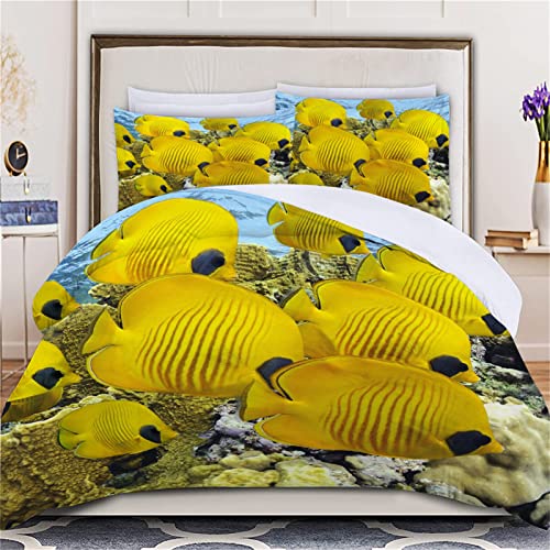 Bettwäsche Set gelber Fisch Muster Kinder Bettbezug mit 2 Kissenbezug 3 teilig 155x200 cm + 80x80cm Weiche Atmungsaktive Polyster Kids Betten Set mit Reißverschluss