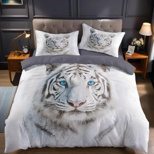 Grau Bettwäsche 180 x 200 cm Tierischer weißer Tiger 3 teilig Mikrofaser Bettwäsche Set für Erwachsene Kinder mit 2 Kissenbezüge 80 x 80 cm