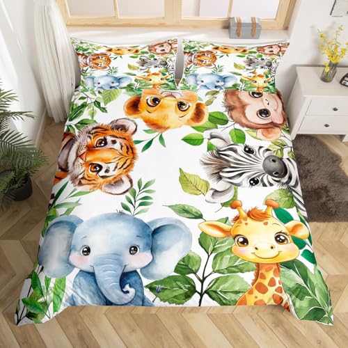 Homewish Zoo Tier Bettbezug 135x200 Tiger AFFE Zebra Bettwäsche Set für Kinder Teens Erwachsene,Elefant Giraffe Tröster Abdeckung Grün Leaf Bett Set mit 1 Kissenbezug Schlafzimmer Dekor