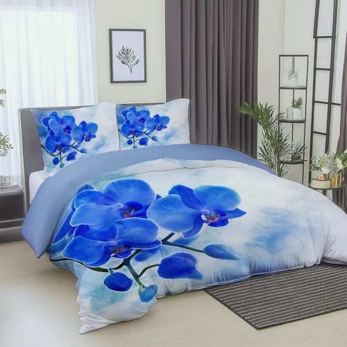 Bettbezug wendbar Blume Aquarell Orchidee mikrofaser ultraweiche bettwäsche Set, für Kinder, Erwachsene Hellblau mit reißverschluss maschinenwaschbar 135 x 200 cm